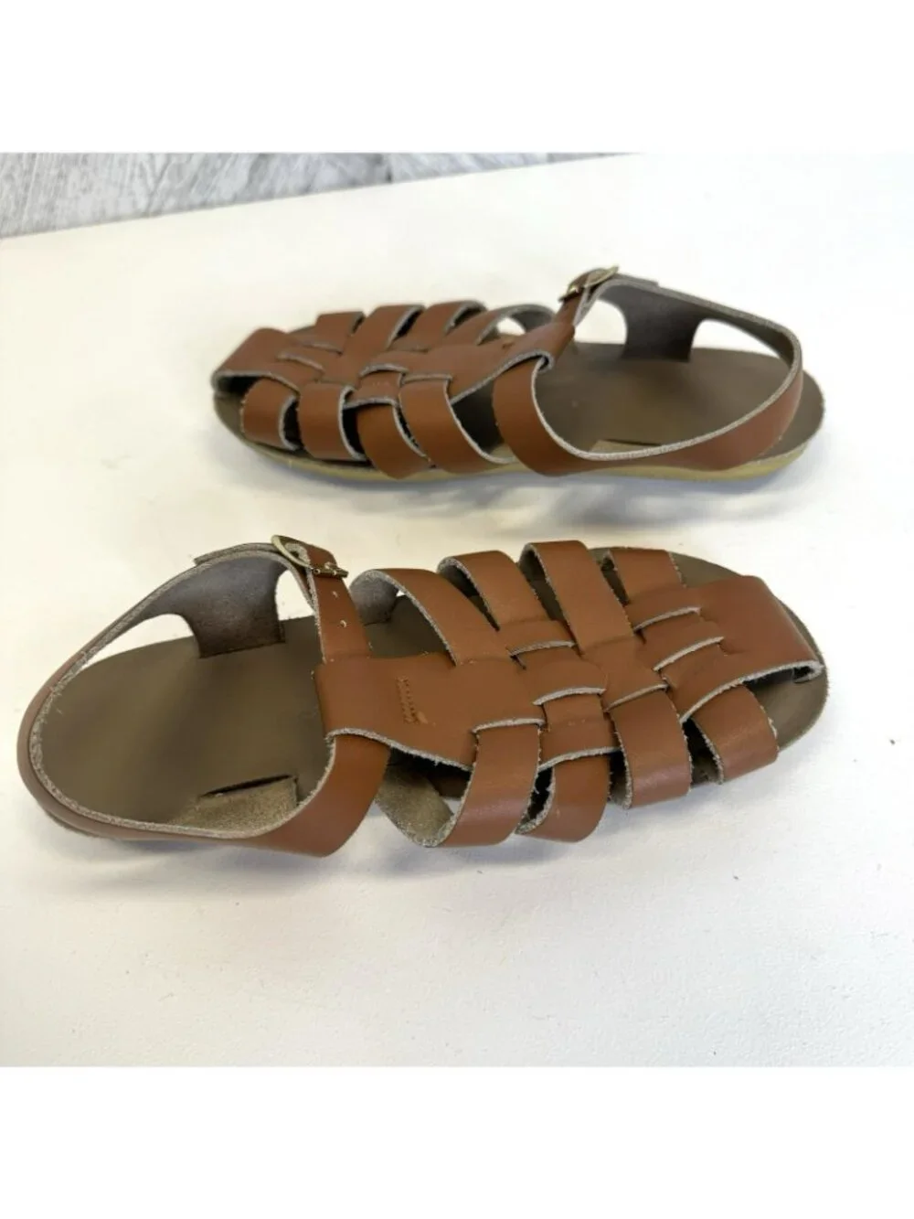 Saltwater Sun-San Sailor Woven Brown Leather Sandals Unisex Big Kids Size 3